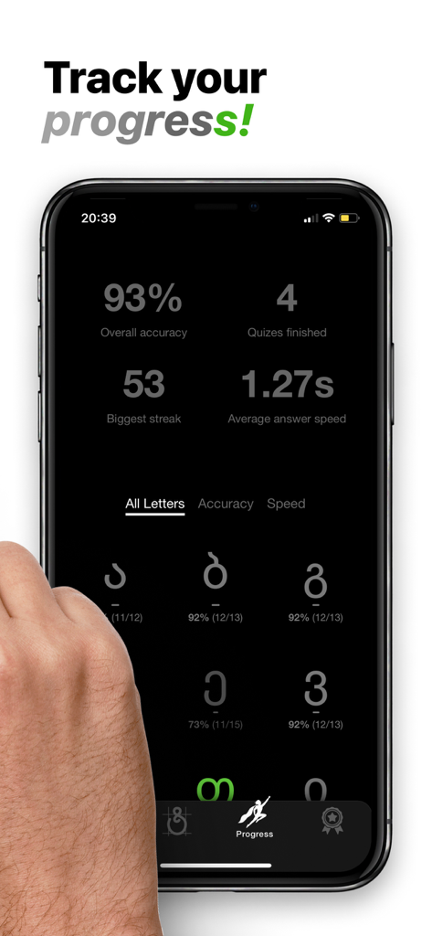 A smartphone screen displaying learning statistics and accuracy for the Georgian alphabet script.