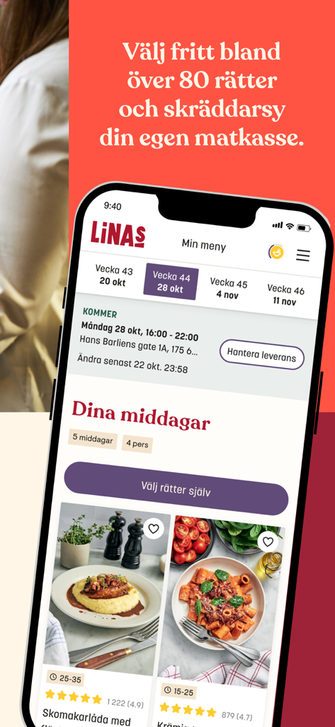 Linas Matkasse - Smartphone screen showing the Linas Matkasse app menu and delivery details