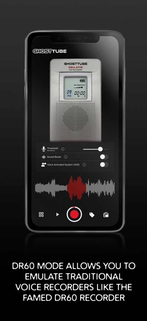 GhostTube EVP - GhostTube EVP app interface showing the DR60 voice recorder emulator with audio waveform and investigation controls