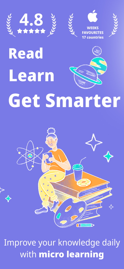 Nerdish: Daily Smart Learning - Nerdishアプリの紹介画面。高いユーザー評価と、マイクロラーニングのイラストと共に「読んで、学んで、賢くなろう」という見出しが表示されています。