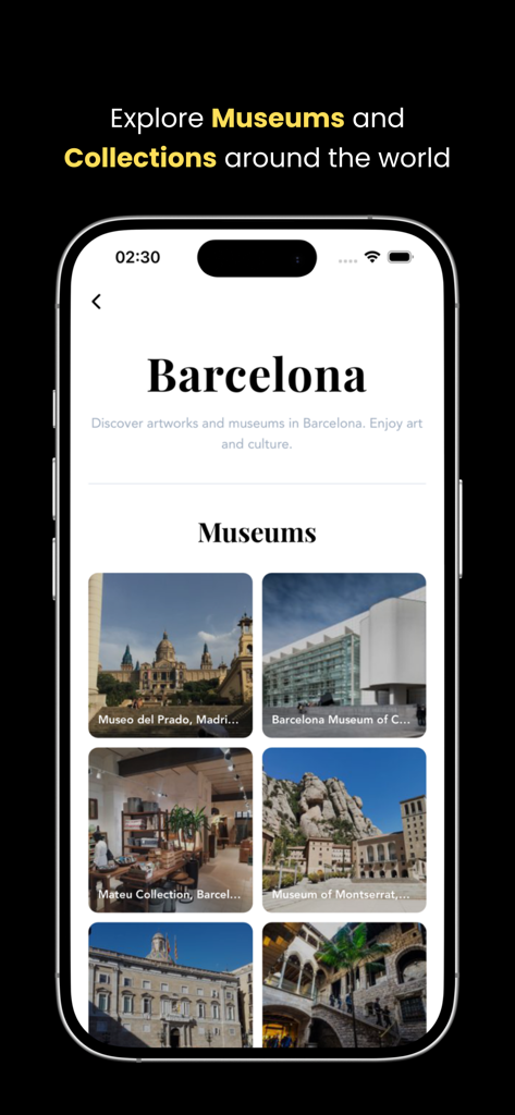 Art History & Museums - Artify - Captura de pantalla de la aplicación Artify que muestra una lista curada de museos y colecciones de arte en Barcelona.