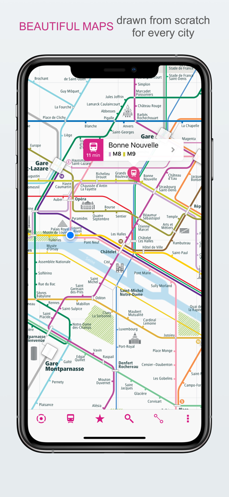 City Rail Map - Travel Offline - iPhone screen displaying a detailed offline rail map of Paris with station information and travel times
