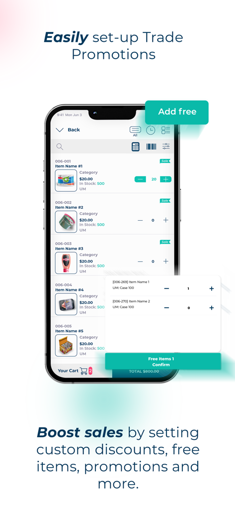 Smartphone screen showing trade promotions and free items setup in Listaso app