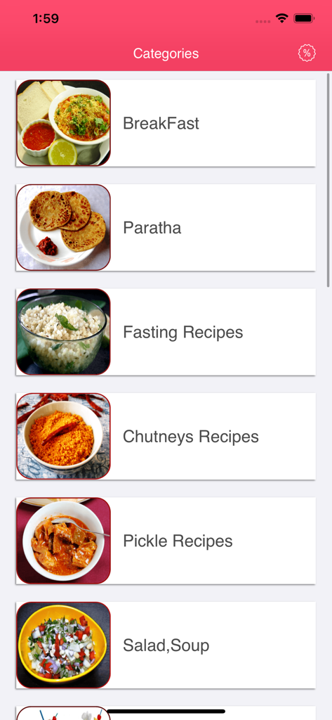 Healthy Food Recipes - Yummy - Mobiler App-Bildschirm, der verschiedene Kategorien von indischen Kochrezepten anzeigt, darunter Paratha und Chutneys