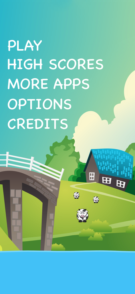 Crazy Cows - Tower Builder - Main menu of the Crazy Cows Tower Builder game featuring a cartoon farm landscape and game options