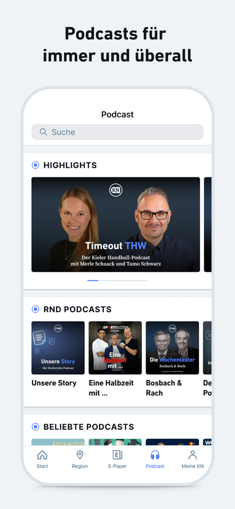 Interface de l'application mobile pour Kieler Nachrichten montrant une sélection de podcasts d'actualités et de sports