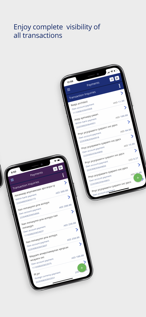 A mobile interface of the businessONLINE app showing a detailed list of transaction inquiries and payment history on two smartphones