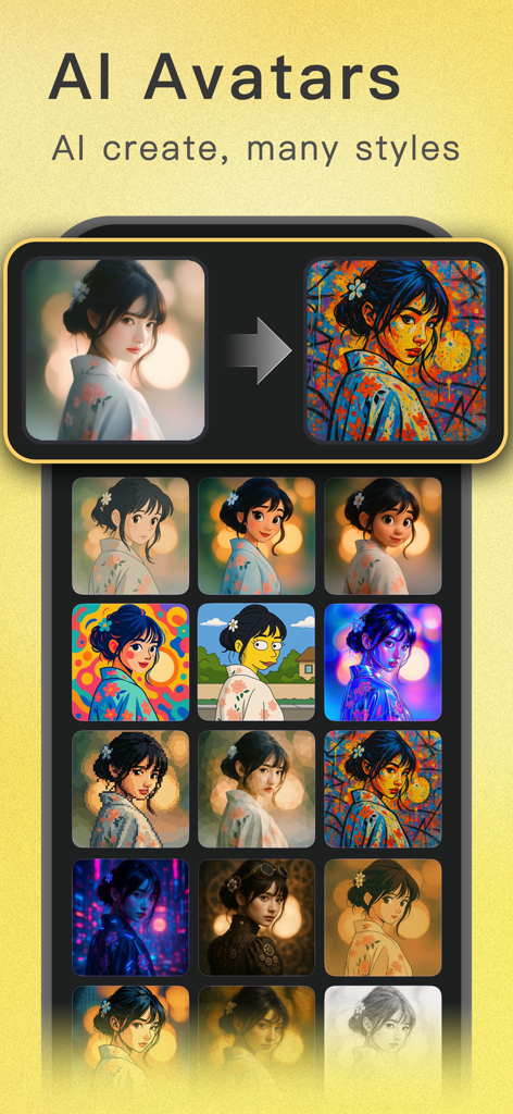 Phototells: AI ID & Headshot - Una interfaz móvil que muestra la función Avatares IA de Phototells con varios filtros de estilo artístico aplicados al retrato de una mujer