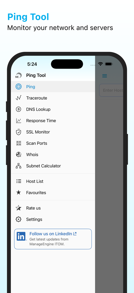 ManageEngine Ping Tool - Menú de navegación de la aplicación ManageEngine Ping Tool que muestra varias utilidades de diagnóstico de red como Ping, Traceroute y DNS Lookup.