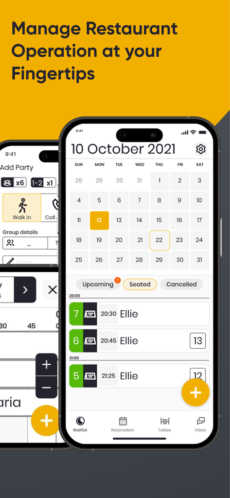 Mobile Bildschirmansicht eines Restaurantreservierungskalenders und einer Gästeliste in der Carbonara App.