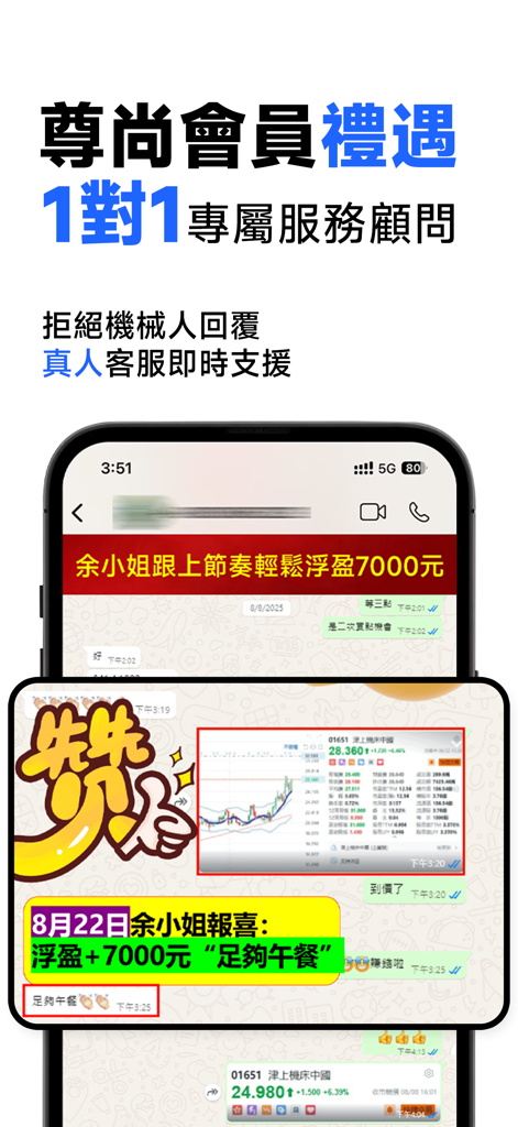 方德智投-港美股交易 & AI智能選股 - Forthright Securities app premium 1-on-1 human customer support chat interface showing stock trading advice.