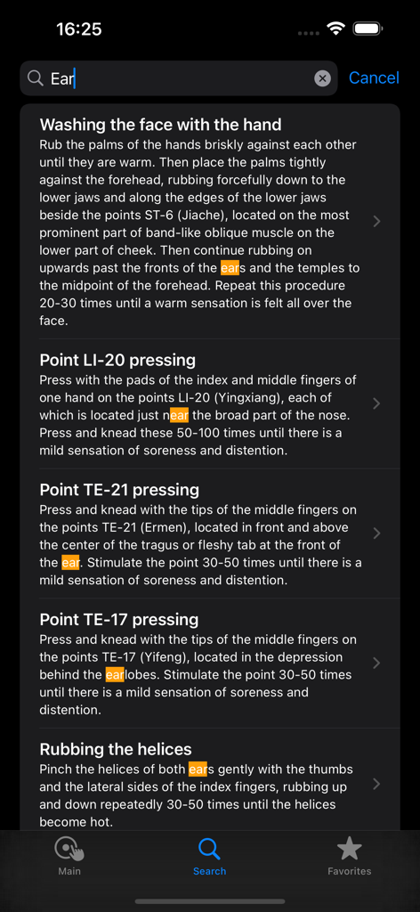 Interfaz de búsqueda que muestra técnicas de automasaje para oídos y cara en la aplicación Masaje de Salud Chino.