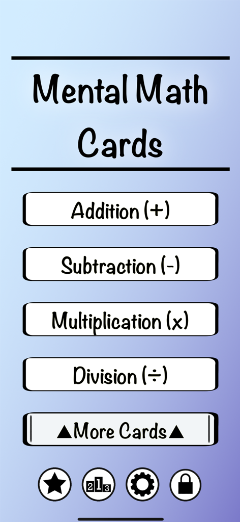 Mental Math Cards Games & Tips - Mental Math Cards app home screen showing buttons for addition subtraction multiplication and division