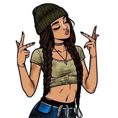 realistic teenage girl with braids and a beanie and crop top doing 🫶🏼