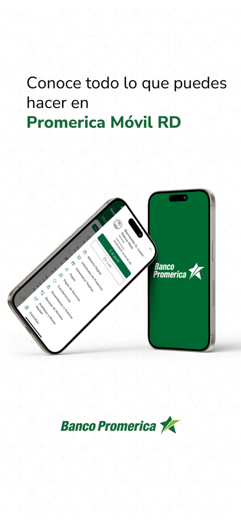 Zwei iPhones zeigen die Benutzeroberfläche und das Menü der Banco Promerica Movil RD App