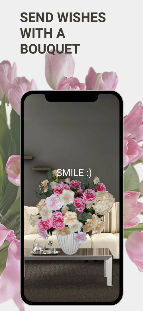AR flower bouquet on a table with a smile prompt on a smartphone screen