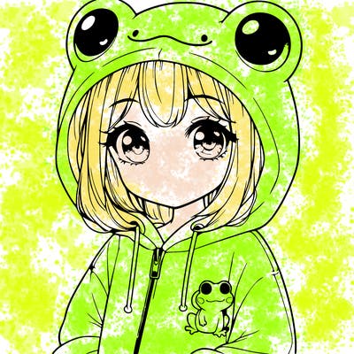 cute realistic girl in a froggy hoodie