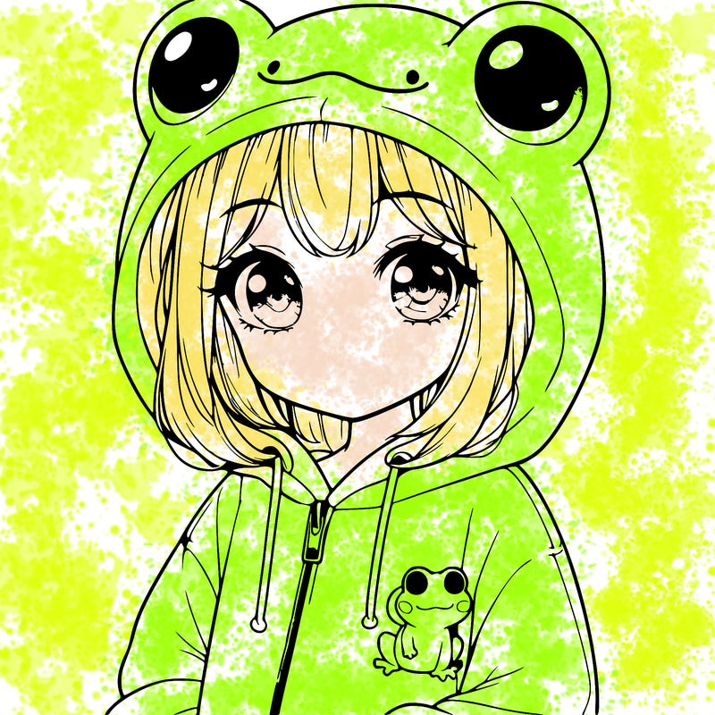 cute realistic girl in a froggy hoodie