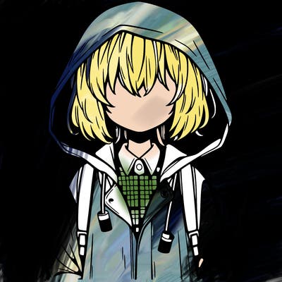 little anime girl in a raincoat her hair is covering her eyes she has a lighter