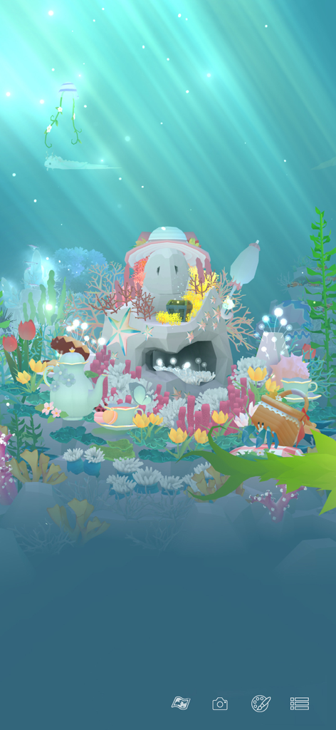 Tap Tap Fish - AbyssRium - A whimsical underwater tea party scene in AbyssRium featuring a teapot flowers and a picnic basket