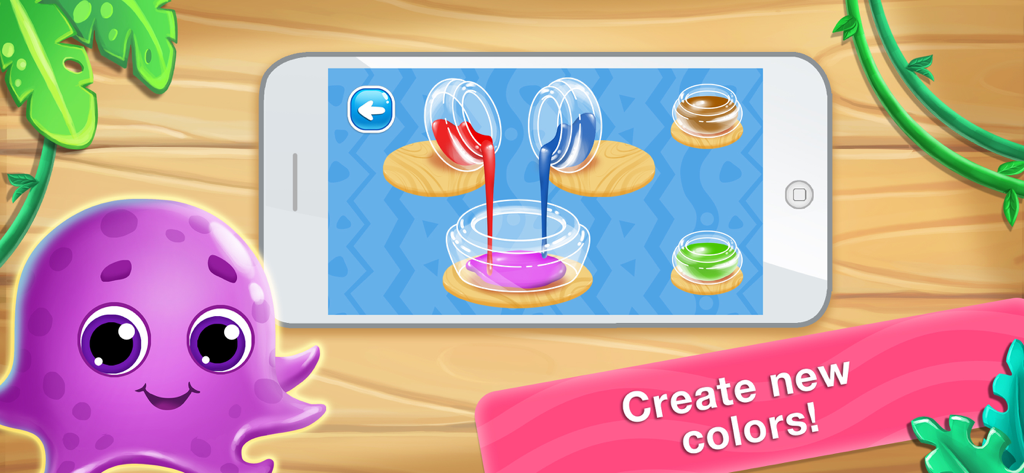 Games for learning colors 2 &4 - Interfaz de una aplicación educativa para niños pequeños que muestra líquido rojo y azul mezclándose en un frasco para crear morado