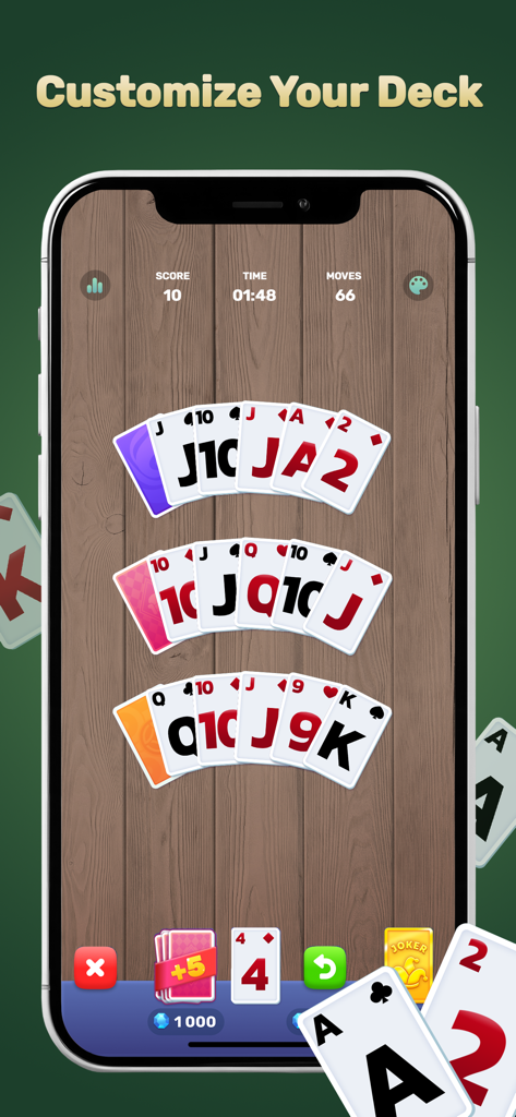 Solitaire Dream Manor：Renovate - Mobile game screenshot of Solitaire Dream Manor showing a card game with customizable decks on a wooden table.