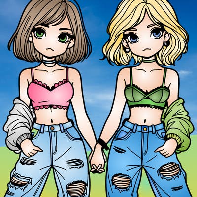 2 girls in crop tops and baggy jeans ripped