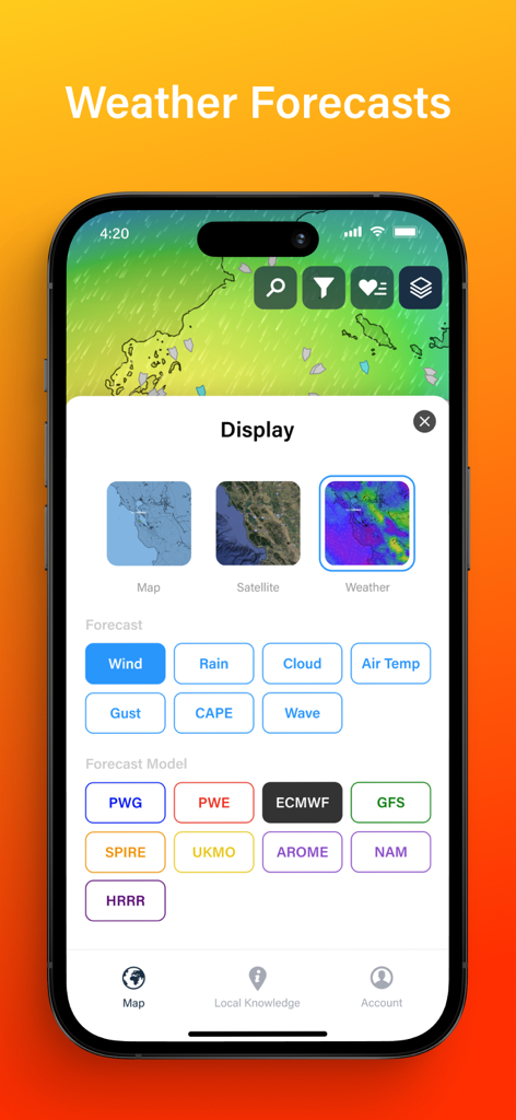 AIS Explorer - Interfaz de AIS Explorer que muestra opciones de pronóstico meteorológico como viento, lluvia y olas con varios modelos de pronóstico marítimo.