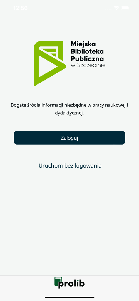 MBP Szczecin - mProlib - Login screen of the MBP Szczecin mProlib library mobile application with login options