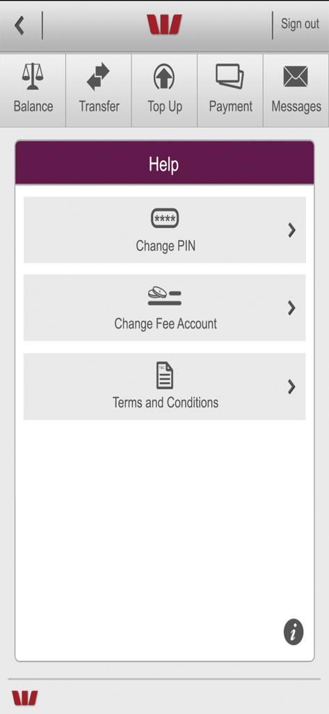 Help page of Westpac Fiji Mobile Banking app with account management options