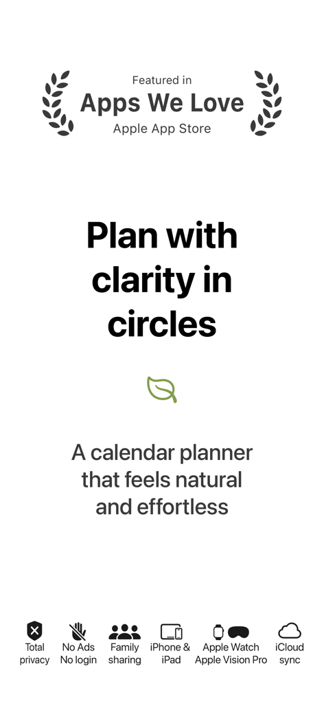 CircleTime App Marketing-Bildschirm mit Anerkennung des Apple App Store und dem Slogan Planen Sie mit Klarheit in Kreisen.