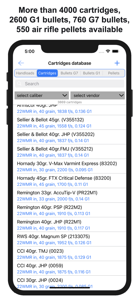 Interface of the Chairgun Elite app showing a comprehensive database of cartridges and bullets with ballistic details.