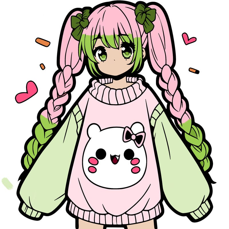 anime girl with two big braids in front and one big braid in the back and in an really oversized sweater with dango on it
