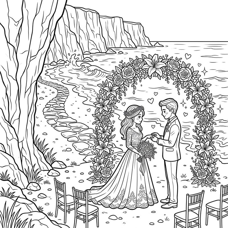 Imagine a breathtaking wedding ceremony set against the dramatic backdrop of towering ocean cliffs. This unique coloring page invites you to bring a romantic cliffside beach wedding to life with your own creative colors.