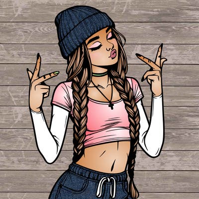 realistic teenage girl with braids and a beanie and crop top doing 🫶🏼