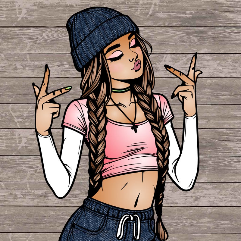 realistic teenage girl with braids and a beanie and crop top doing 🫶🏼