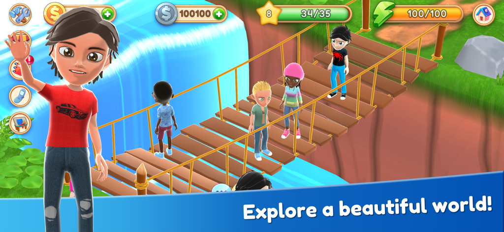 Avatares explorando un puente escénico y una cascada en el mundo virtual de Home Valley.