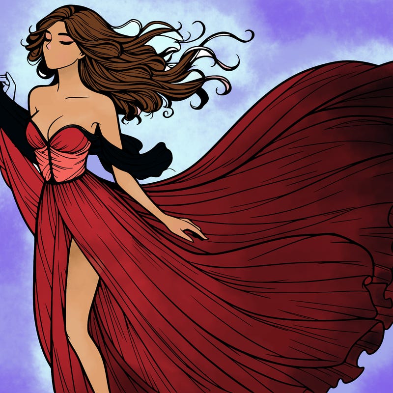 realistic woman in dress flowing the the wind