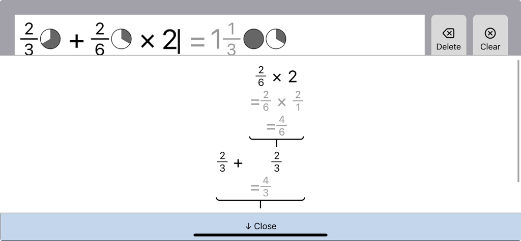 DysCalculator app interface showing a step-by-step visual breakdown of a fraction calculation using pictograms and PEMDAS logic.
