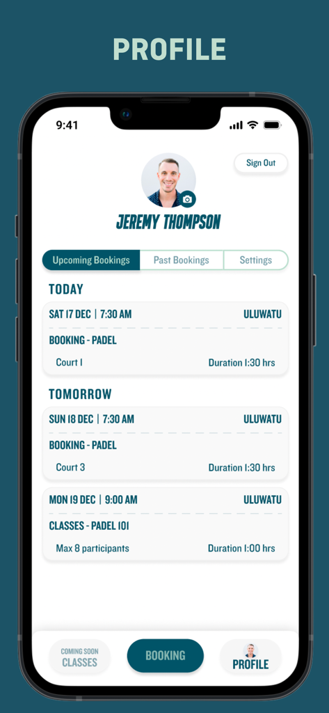 Island Sports Club app user profile showing upcoming padel court bookings in Uluwatu Bali