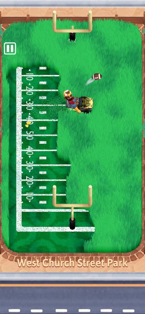 It's Literally Just Mowing - 芝刈り機に乗ったキャラクターが、ウェストチャーチストリートパークのアメリカンフットボール場で背の高い草を刈っているトップダウンビュー。