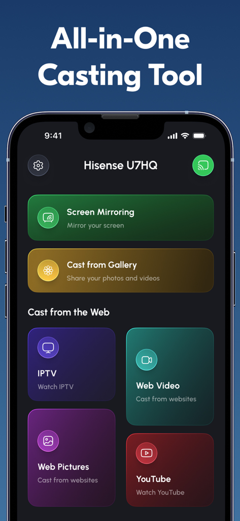 Screen Mirroring ‣ Cast to TV - Main menu of the Screen Mirroring app showing options for screen mirroring gallery casting and web video on an iPhone
