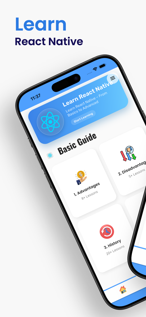 Learn React Native PRO - Mobile app interface for Learn React Native PRO displaying the basic guide lesson modules