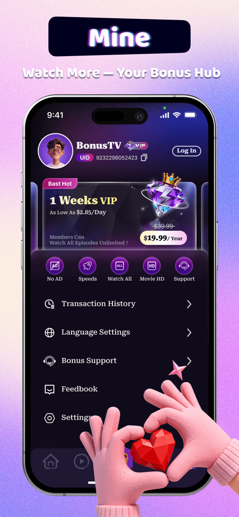 BonusTV - BonusTV app user profile page showing VIP membership plans and account settings