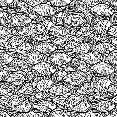 Explore a mesmerizing underwater world with this vibrant Pop Art Fish Tessellations coloring page, featuring a dense pattern of interlocking fish. Each fish is designed with bold comic-book-style outlines and dynamic elements, offering an exciting and engaging coloring challenge.