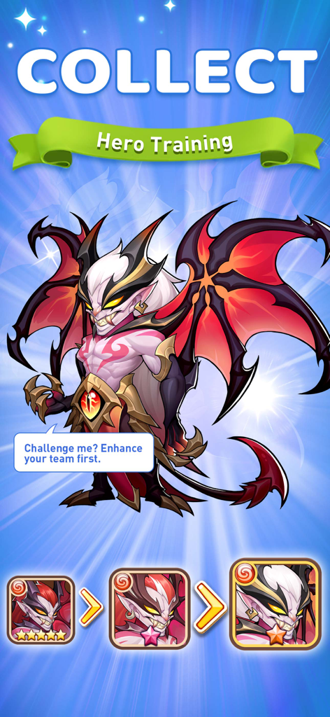 A demon hero showing three stages of star evolution in the Hero Training menu of Idle Heroes.