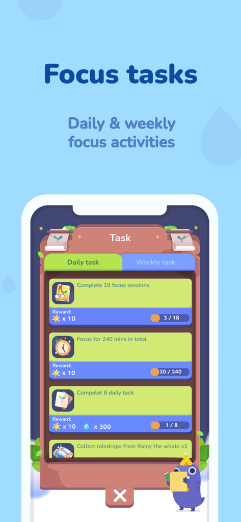 Focus Plant: Forest phone lock - Focus Plant 앱의 인터페이스에 일일 및 주간 생산성 작업 및 보상 표시