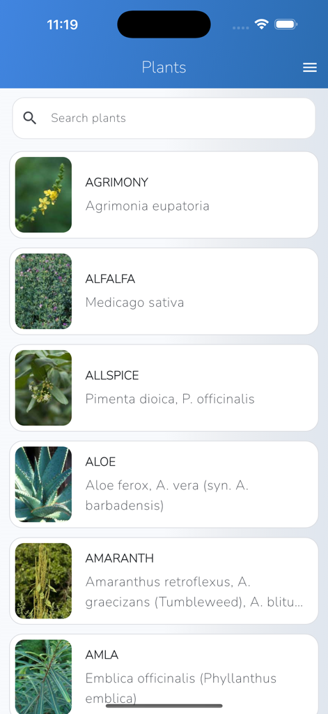 iPlant with Brigitte Mars - Lista pesquisável de plantas medicinais e comestíveis no aplicativo iPlant com entradas para Agrimônia, Alfafa e Aloe