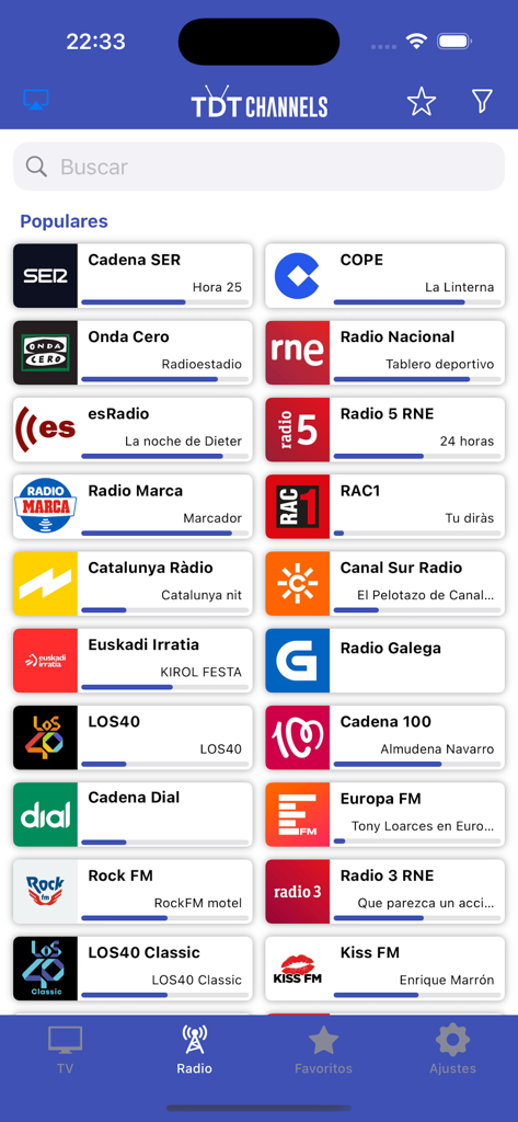 TDTChannels - Mobile app interface showing a list of popular Spanish radio stations like Cadena SER and COPE