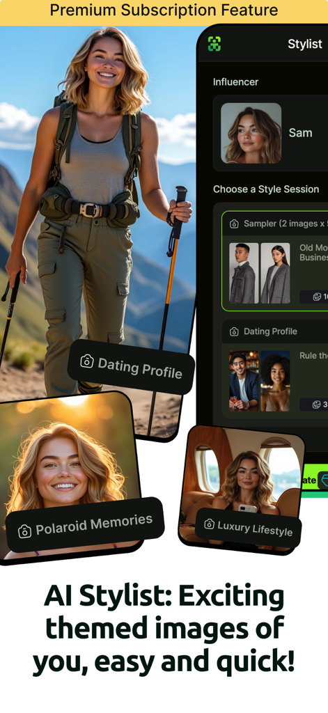 Pose AI: Photo & Video Studio - Pose AI app interface showing the AI Stylist feature with themed image options for dating profiles and luxury lifestyle aesthetics
